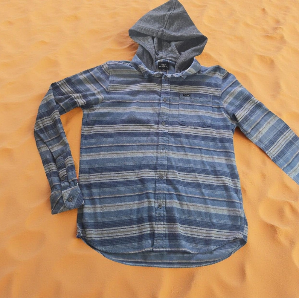 O'Neill Blue and Gray Striped Hoodie Shirt Size M